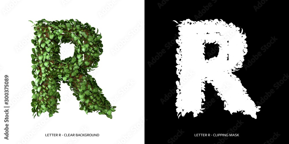 Letter R uppercase with tree shape with leaves. 3D Illustration. Letter R uppercase with tree shape with leaves. 3D Illustration.
