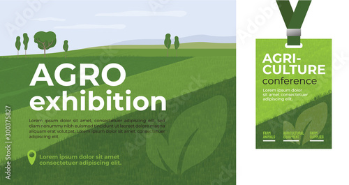 Design template for farming, agriculture, livestock business. Identity for agricultural company, agro conference, exhibition, forum, event. Mockup ID card with strap. Vector illustration for flyer, ad