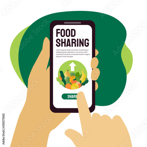 Food sharing project mobile app help restaurant or cafe sell unused food. Vector illustration of share meal and waste reduction. Hands holding smartphone. Template for banner, flyer, ad, poster, web.