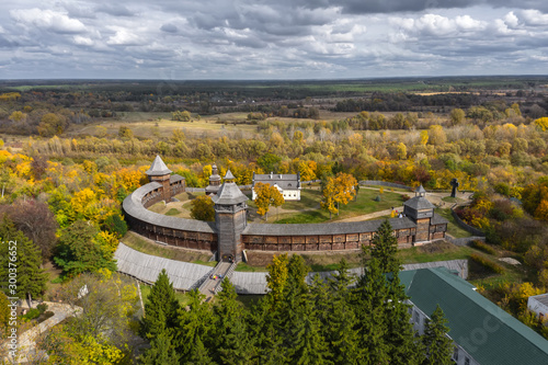 Aerial view of Baturin Castle with the Seym River in Chernihiv Oblast of Ukraine. Beautiful autumn landscape. photo