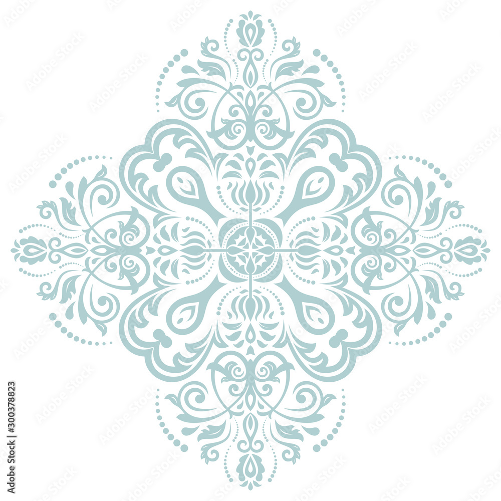 Oriental vector light blue and white pattern with arabesques and floral elements. Traditional classic light ornament. Vintage pattern with arabesques