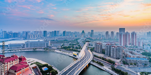 Photography Early morning city scenery of Chifeng Bridge, Tianjin, China