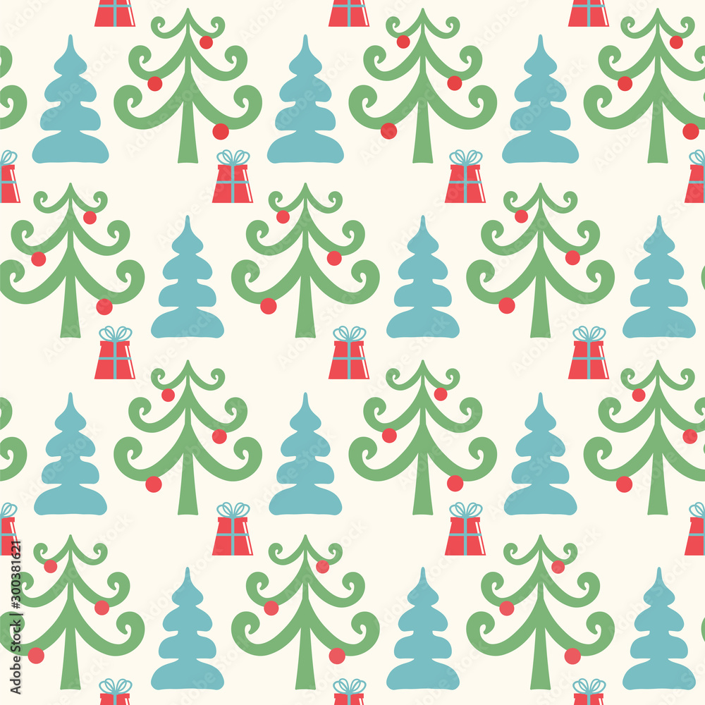Seamless vector pattern with christmas trees and gifts in retro style. Seamless vector pattern with christmas trees and gifts in retro style.