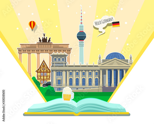 Concept of travel to Germany or studying German. German flag with landmarks in open book.