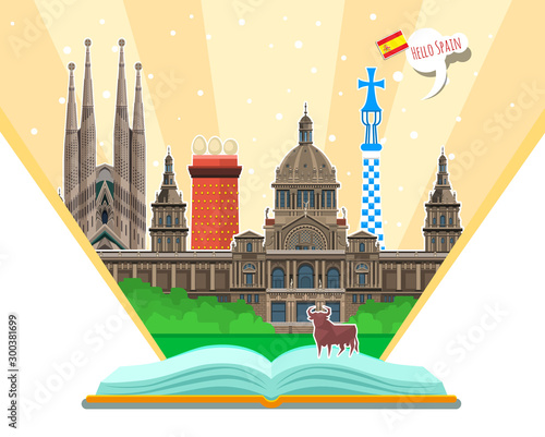 Concept of travel to Spain or studying Spanish. Spanish flag with landmarks in open book.
