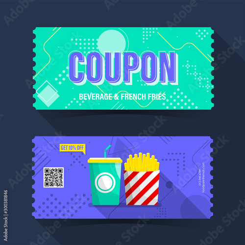 Coupon popcorn beverage and french fries ticket card. Element template for graphics design. Vector illustration