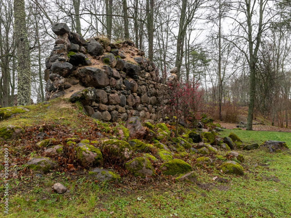 landscape with old castle ruins, rainy and foggy autumn day landscape with old castle ruins, rainy and foggy autumn day