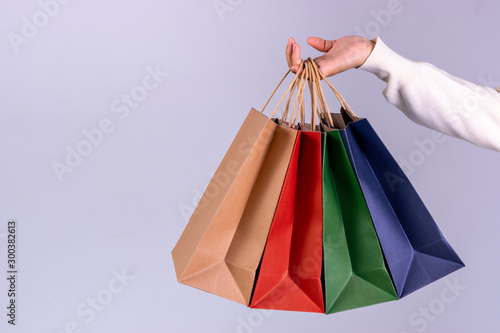 Woman Hand holding paper bags with copy-space.