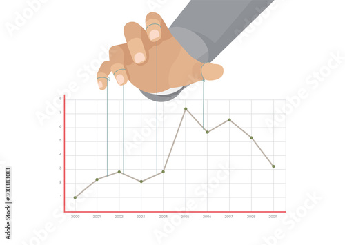 Cartoon, Business concept of a puppet master controlling graphic business chart.