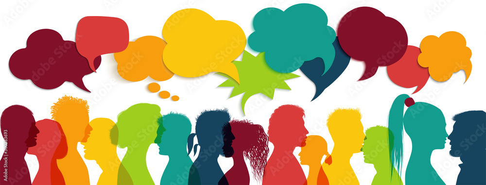 Vecteur Stock Crowd talking. Group of multi-ethnic and multicultural people  who speak. Communication between multiracial people. Colored profile  silhouette. Communicate social networks. Speaking. Speech bubble | Adobe  Stock