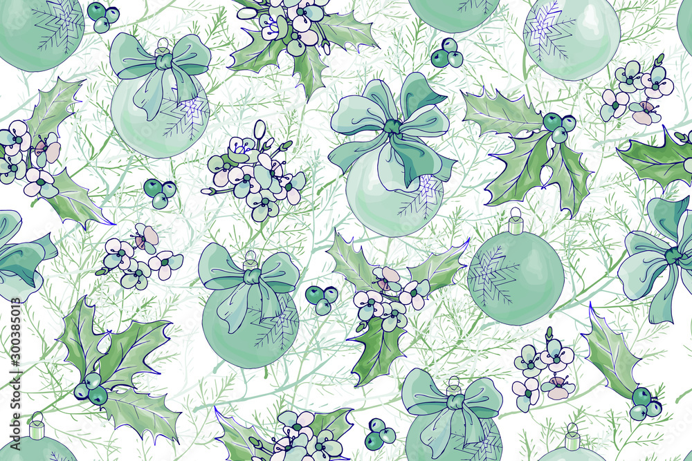 New Year seamless pattern with green branches, holly berries, leaves,  balls, bows on white background. Christmas background for festive season  design, textile, print, wallpapers, posters. Vector. Stock Vector | Adobe  Stock