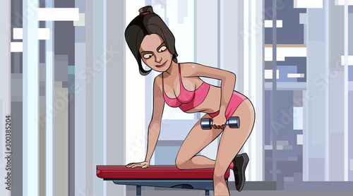 cartoon woman doing exercise with dumbbell while in the gym