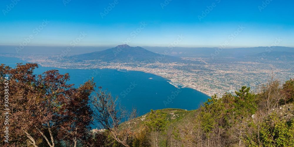 Panorama of the Gulf of Naples, with the Vesuvius volcano in the background, taken from the top of Mount Faito