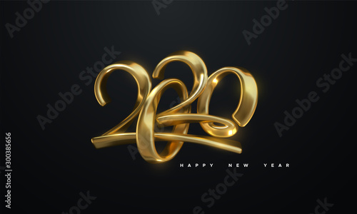 Happy New 2020 Year. Holiday vector illustration of golden metallic calligraphic numbers 2020. Realistic 3d sign. Festive poster or banner design. Modern lettering composition