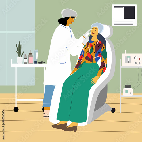 Cosmetology, dermatology concept. Dermatologist making beauty injection into woman face in beauty clinic. Anti wrinkle and rejuvenation procedure. Cosmetological  equipment . vector illustration