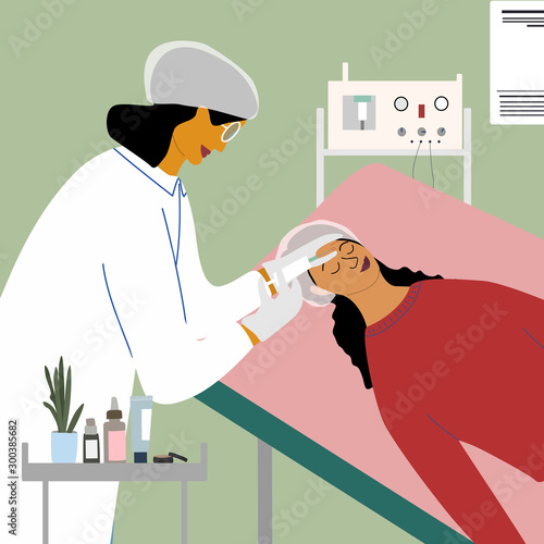 Cosmetology, dermatology concept. Dermatologist making beauty injection or filler into woman face in clinic. Anti wrinkle, anti age, rejuvenation procedure. Flat vector illustration