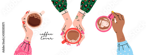 Female hands holding cups with coffee. Top view. Hand drawn colored trendy vector illustration. Cartoon style. Flat design. All elements are Isolated on a white background