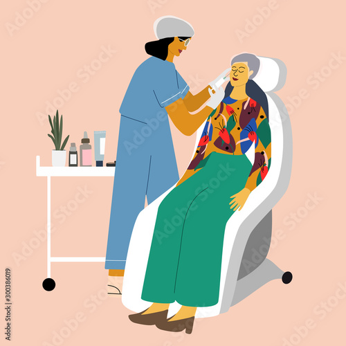 Cosmetology, dermatology concept. Dermatologist making beauty injection into woman face in clinic. Anti wrinkle, skin care, anti age, rejuvenation procedure. Flat cartoon vector illustration