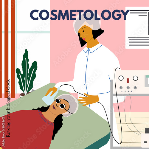 Cosmetology, dermatology concept poster. Dermatologist making photo rejuvenation procedure to woman in beauty clinic. Anti wrinkle and laser treatment, epilation. Flat cartoon vector illustration