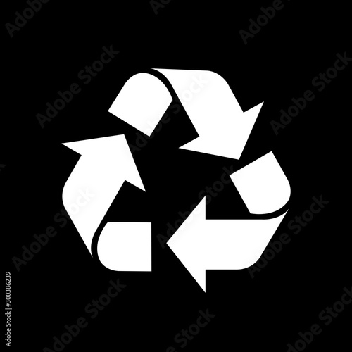 recycle symbol white isolated on black background, white ecology icon on black, white arrow shape for recycle icon garbage waste, recycle symbol for ecological conservation