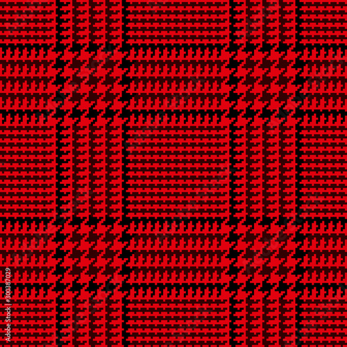 Red Black Glen Plaid Seamless Vector Pattern. Christmas Background. 5x5 Houndstooth Prince of Wales Check. Scottish Fabric Print. Pixel Pattern Tile Swatch Included.