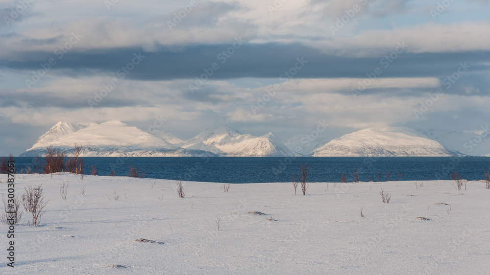 Snowy mountains by the sea in northern Norway in winter with a field of snow in the foreground Snowy mountains by the sea in northern Norway in winter with a field of snow in the foreground