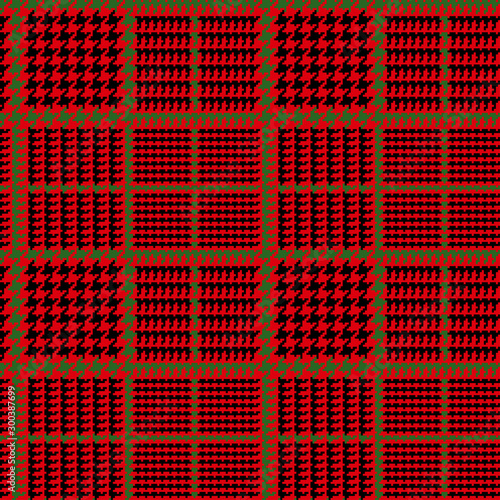  Red Black Glen Plaid Seamless Vector Pattern with Green Overcheck. Christmas Background. 8x8 Houndstooth Prince of Wales Check. Scottish Fabric Print. Pixel Pattern Tile Swatch Included.