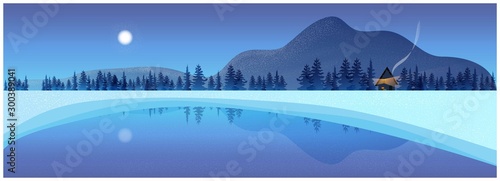 Beautiful panorama background with night scene of mountain lake landscape in winter, Panoramic of winter with  moon light,mist and fog,lonely hut  in the forest while snow fall, Natural background