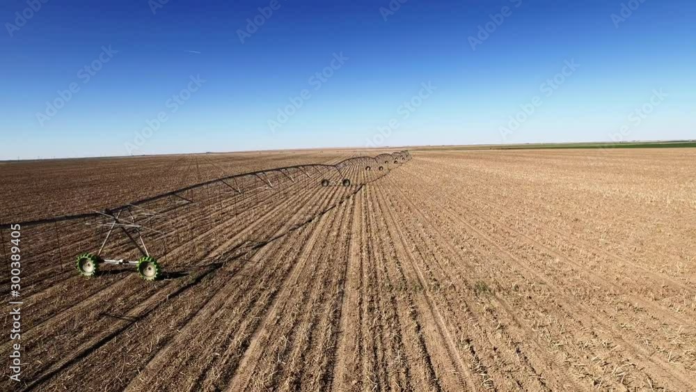 Irrigation system in dried Colorado farmland, wide aerial Irrigation system in dried Colorado farmland, wide aerial