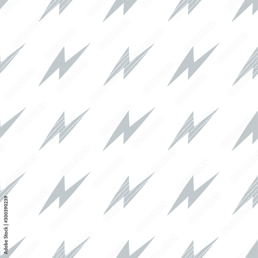 Seamless pattern with gray lightning on a white background in the hand drawn style. Superhero lightning background for baby fabric, textile, Wallpaper, wrapping paper. Vector stock illustration Seamless pattern with gray lightning on a white background in the hand drawn style. Superhero lightning background for baby fabric, textile, Wallpaper, wrapping paper. Vector stock illustration