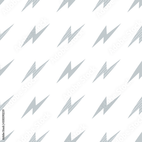 Seamless pattern with gray lightning on a white background in the hand drawn style. Superhero lightning background for baby fabric, textile, Wallpaper, wrapping paper. Vector stock illustration