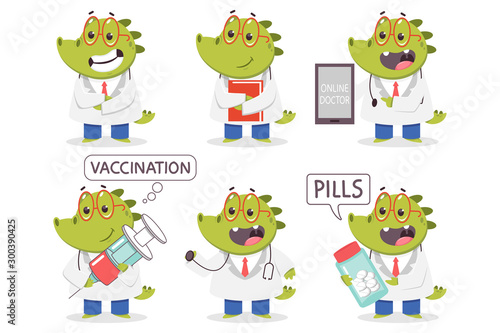 Children's doctor crocodile vector cartoon funny medical characters set isolated on a white background.