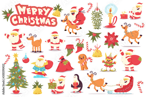 Cute Santa Claus, Christmas tree, reindeer, elf and holiday elements. Vector cartoon character set isolated on white background.