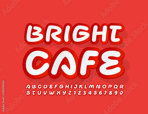 Vector colorful Sign with text Bright Cafe. Handwritten Alphabet Letters and Numbers. Bright playful Font.