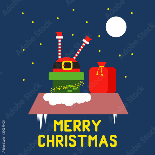 Santa Claus stuck in a chimney with gift sack on the roof. Vector cartoon Christmas illustration.