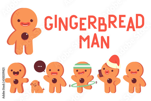 Christmas gingerbread man cookie vector characters set isolated on white background.