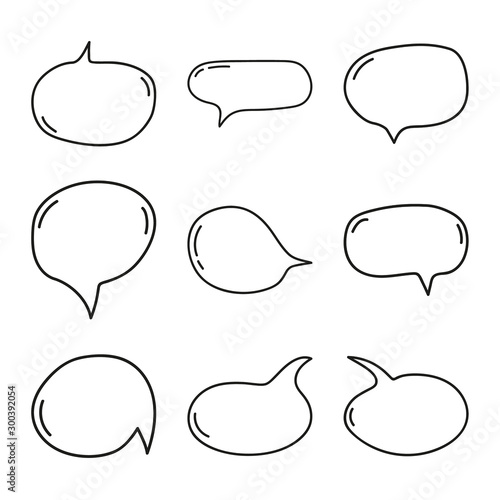 Vector set of hand drawn speech bubbles. Doodle style speaking bubbles isolated on white background.