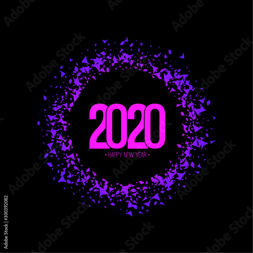 Happy new year 2020 with flying broken shards on background. Vector illustration.