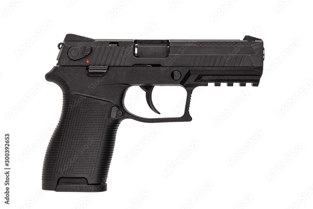 Modern black gun isolate on a white background. Pistol. Weapons for sports and self-defense. Gun for police, special forces and the army.