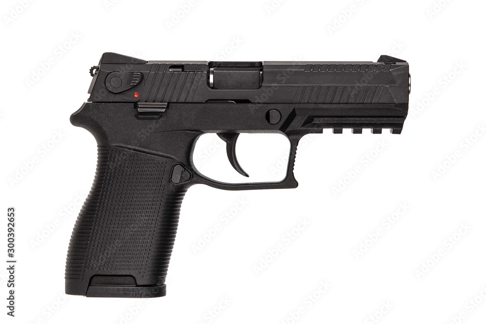Modern black gun isolate on a white background. Pistol. Weapons for sports and self-defense. Gun for police, special forces and the army. Modern black gun isolate on a white background. Pistol. Weapons for sports and self-defense. Gun for police, special forces and the army.