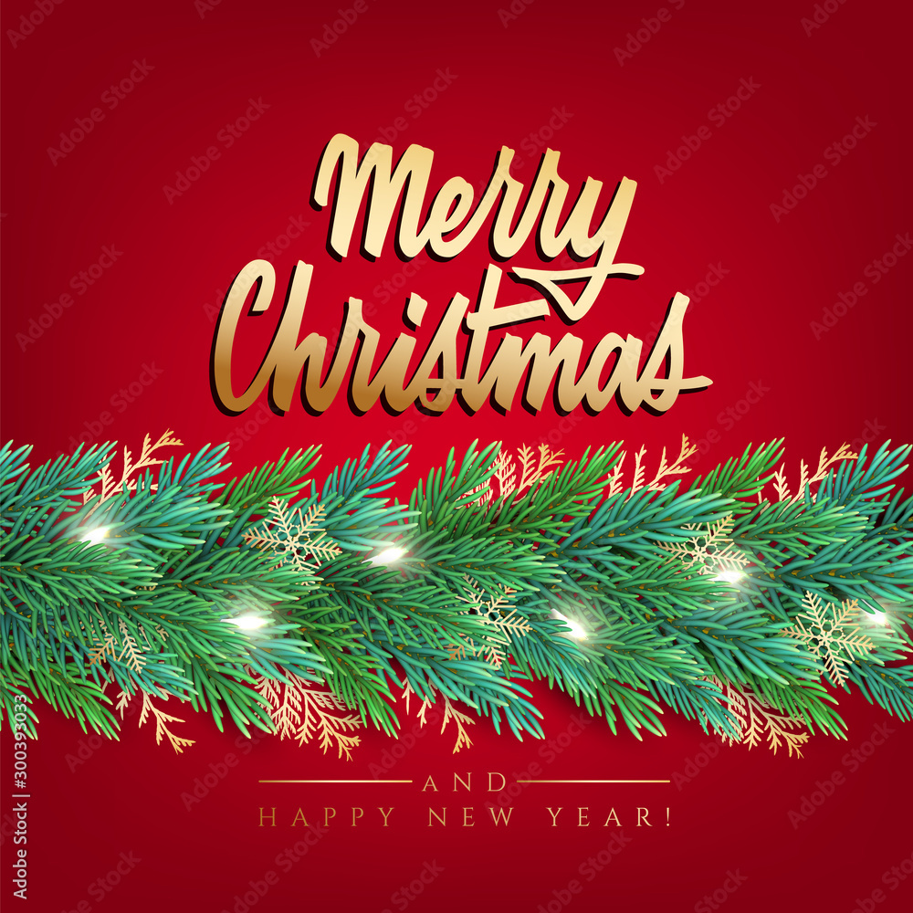New Year card with a green garland of Christmas tree branches with decorations and lettering