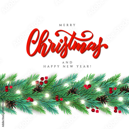New Year card with a green garland of Christmas tree branches with decorations and lettering