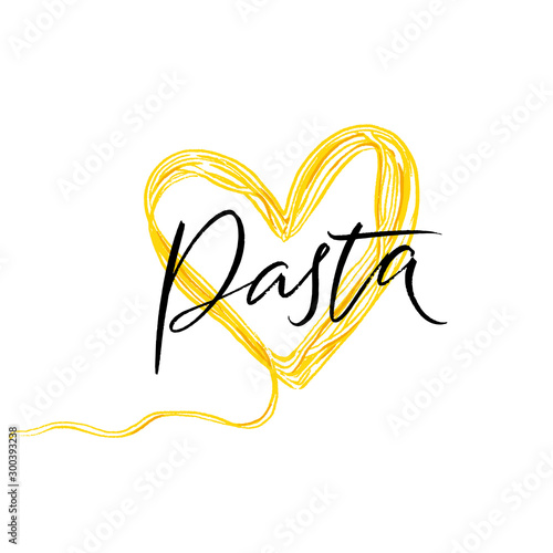 Pasta word, calligraphy inscription. Spaghetti heart illustration, design element for menu, poster for lunch in italian restaurant, cafe, pasta bar.