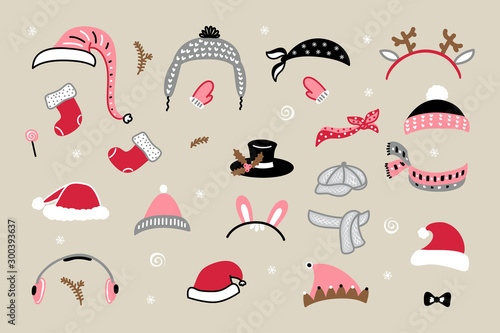 Christmas Photo Booth Props Vector Set. Xmas Party Prop for Photobooth. Collection of Hats and Accessories for Festival, Party, Winter Holidays, Christmas and New Year Design