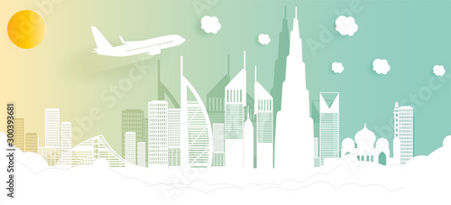 Fototapeta Naklejka Na Ścianę i Meble -  views of Dubai and with world-famous landmarks in a paper-cut vector illustration. United Arab Emirates (UAE). can be used for backgrounds, web templates, banners, landing pages.