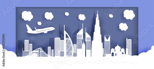 views of Dubai and with world-famous landmarks in a paper-cut vector illustration. United Arab Emirates (UAE). can be used for backgrounds, web templates, banners, landing pages.
