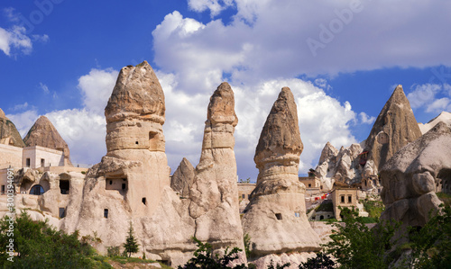 Housing and hotels arranged in sandstone formations in Goreme. Cappadocia, Turkey.