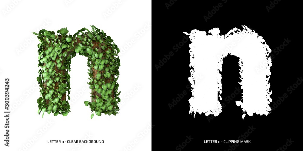 Letter n lowercase with tree shape with leaves. 3D Illustration.