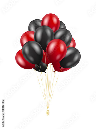 Balloons bunch isolated on white background. Glossy red and black 3D realistic helium balloons. Vector concept for banner, cards, poster and promotion designs.