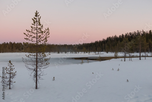 Open patch of water in frozen lake in the forest in sunset time